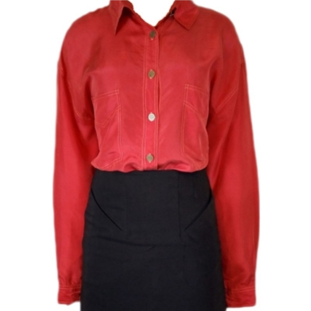 *100% Silk* Super Soft Silky Red and Yellow Vintage Long Sleeve Button-Up Blouse